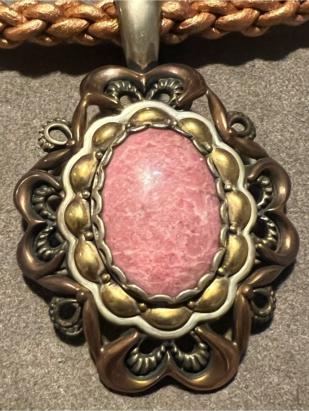 Vintage Pink Stone Pendant on Braided Tan Cord - Picture 4 of 6